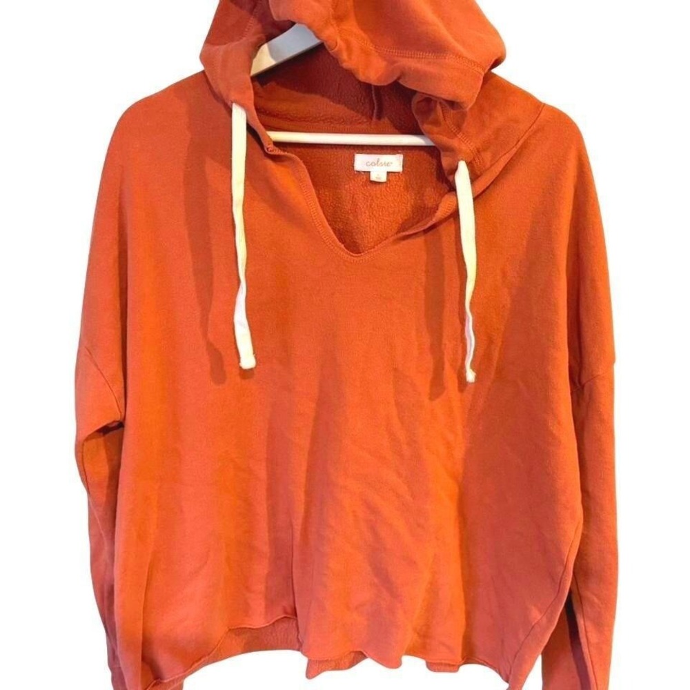 Colsie Womens Rust Orange V-Neck Cropped Fleece Hoodie Sweatshirt Size Large